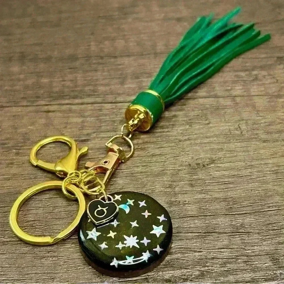 Hand Crafted Medallion Taurus Charm and Emerald Tassel Gold Tone Keychain - Picture 1 of 2